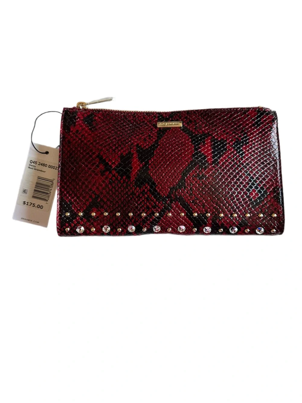 Brahmin Daisy Red Grandeur Embossed Leather Crystal Studded Wristlet NWT
